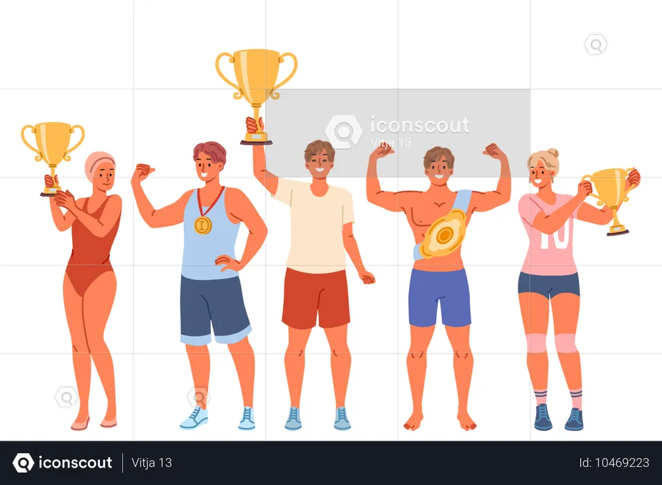 Several athletes with gold cups and medals  Illustration