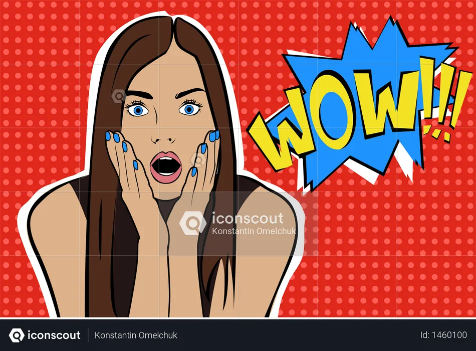 Sexy surprised young caucasian woman with open mouthing glasses and Wow speech bubble  Illustration