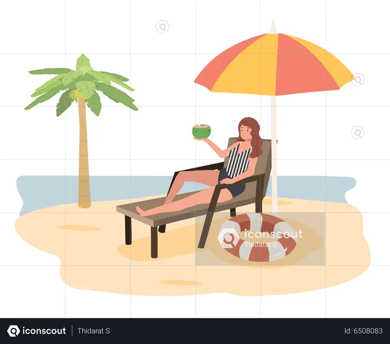 Sexy Woman Relaxing On The Beach With Coconut Drinks Juice  Illustration