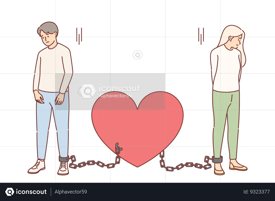 Shackled couple in love suffers from lack of personal freedom  Illustration