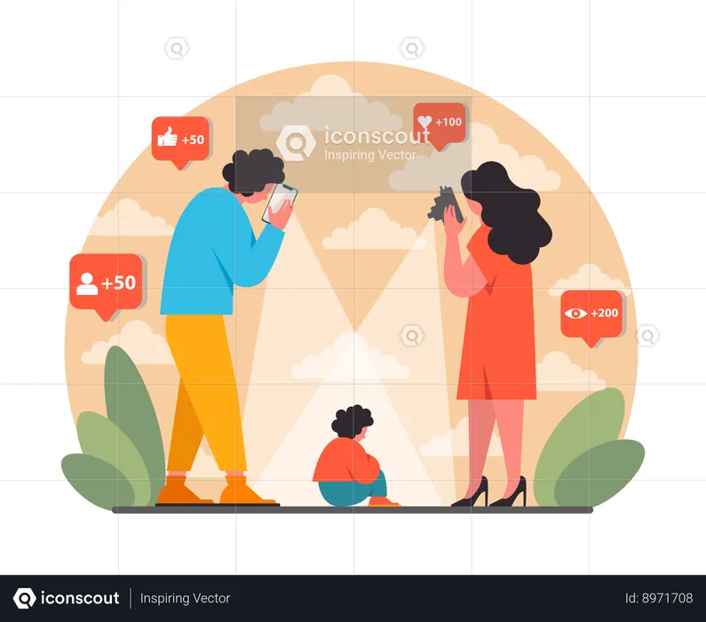 Sharent. Parents frequently sharing their child personal data and details  Illustration