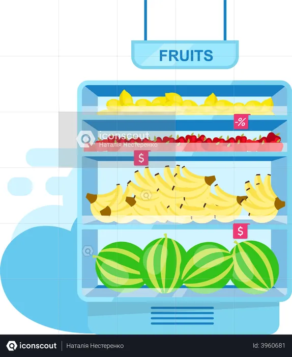 Shelf with fruits in store  Illustration