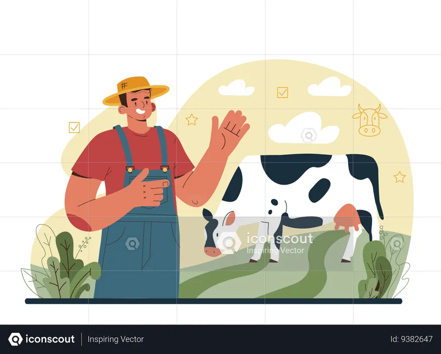 Shepherd with domestic animals and Herdsman taking care of sheeps  Illustration