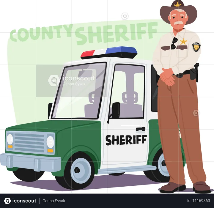 Sheriff Standing Confidently Beside Police Car  Illustration