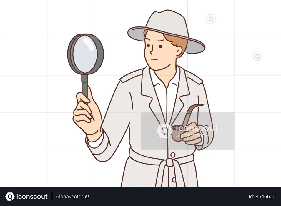 Sherlock Holmes with magnifying glass investigates crime using deduction and smokes tobacco pipe  Illustration