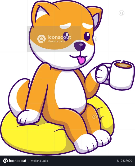 Cachorro Shiba Inu bebe café quente no travesseiro  Ilustração