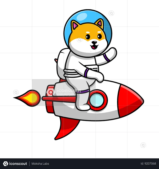 Shiba Inu Dog Astronaut Riding Rocket et agitant la main  Illustration