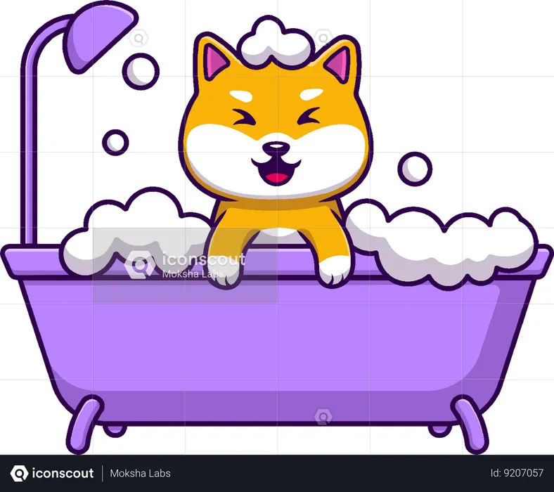 Shiba Inu Dog Bathing On Bathub  Illustration