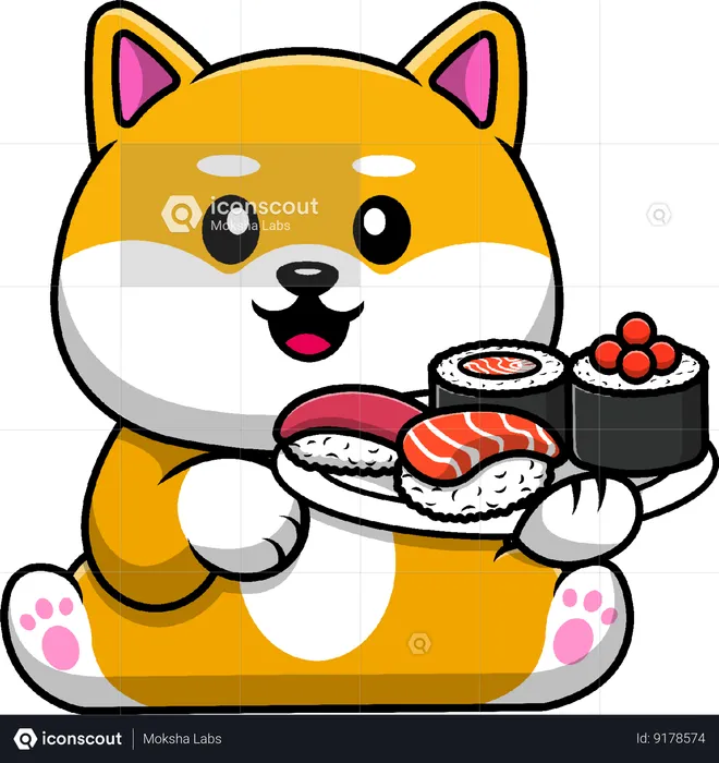 Shiba Inu Dog Holding Sushi  Illustration