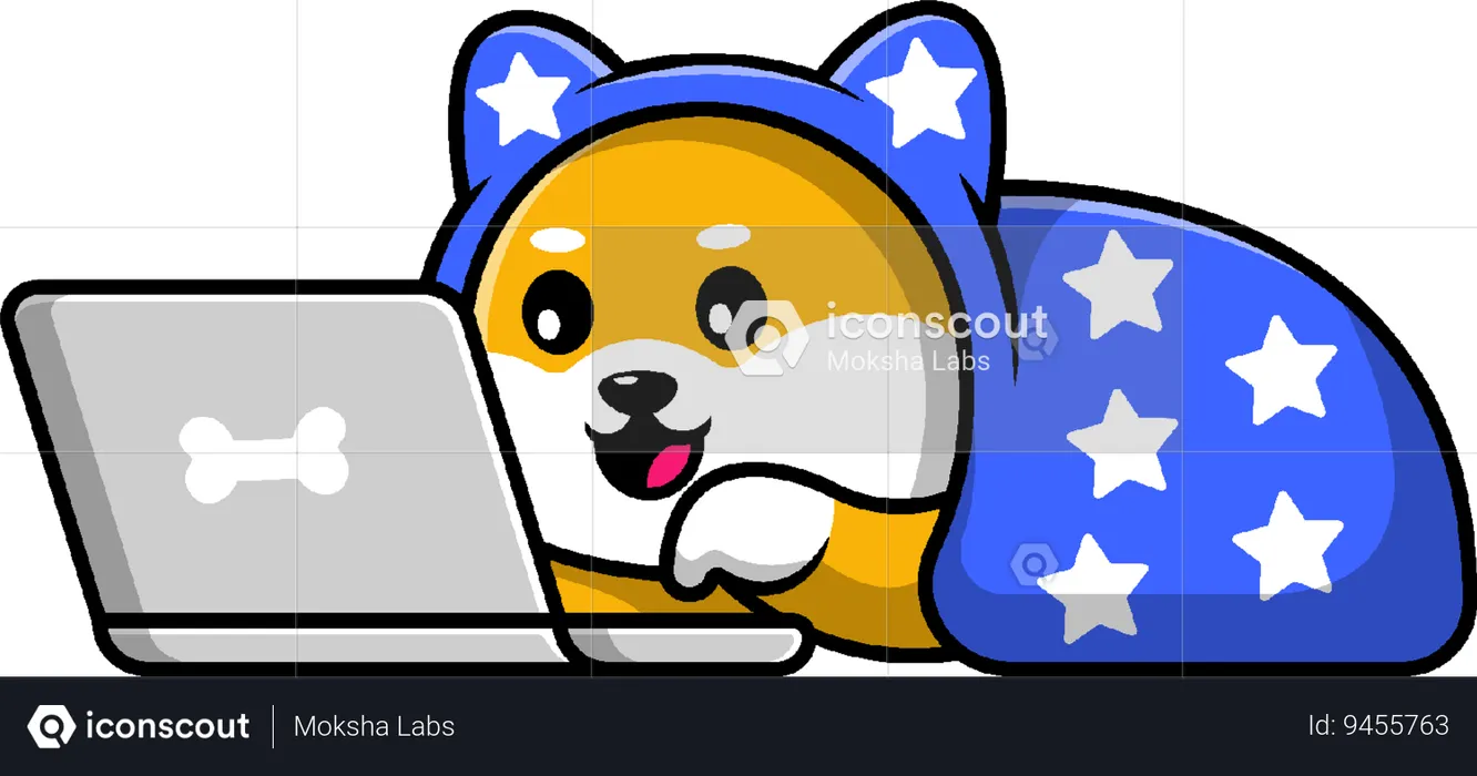 Shiba Inu Dog Playing Laptop And Wearing Blanket  Illustration