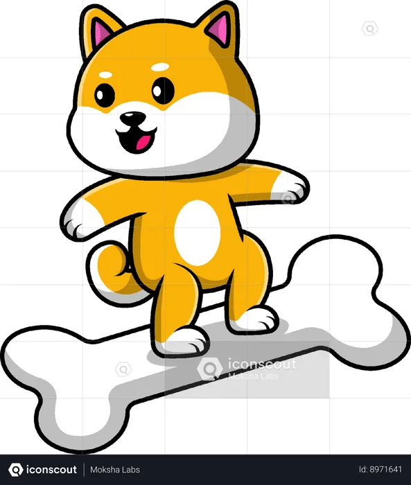 Shiba Inu Dog Surfing With Bone  Illustration