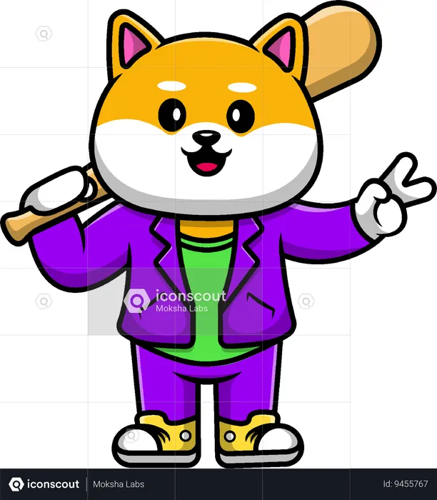 Shiba Inu Dog With Baseball Bat With Jacket And Peace Hand  Illustration