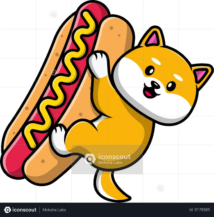 Shiba Inu Dog With Big Hotdog  Illustration