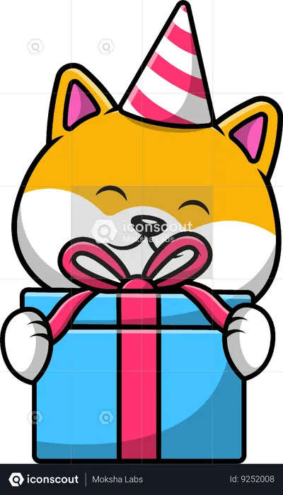 Shiba Inu Holding Birthday Gift Box  Illustration