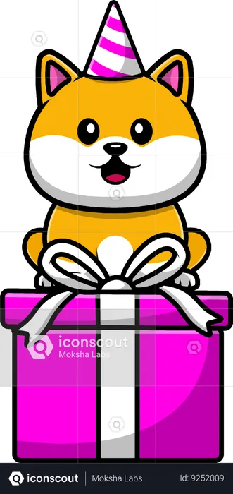 Shiba Inu Sitting On Birthday Gift Box  Illustration