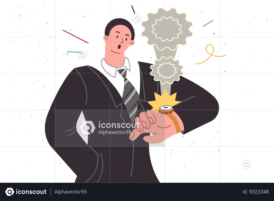 Shocked businessman learns about deadline and looks at wristwatch needing help to complete task  Illustration