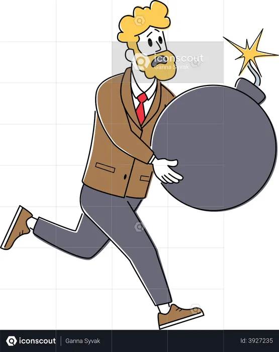 Shocked Businessman Running Holding Bomb with Burning Fuse in Hands  Illustration