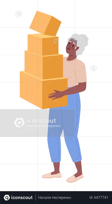 Shocked elderly lady carrying moving boxes  Illustration