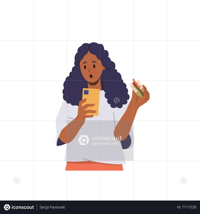 Shocked little school girl looking at phone screen eating sandwich  Illustration