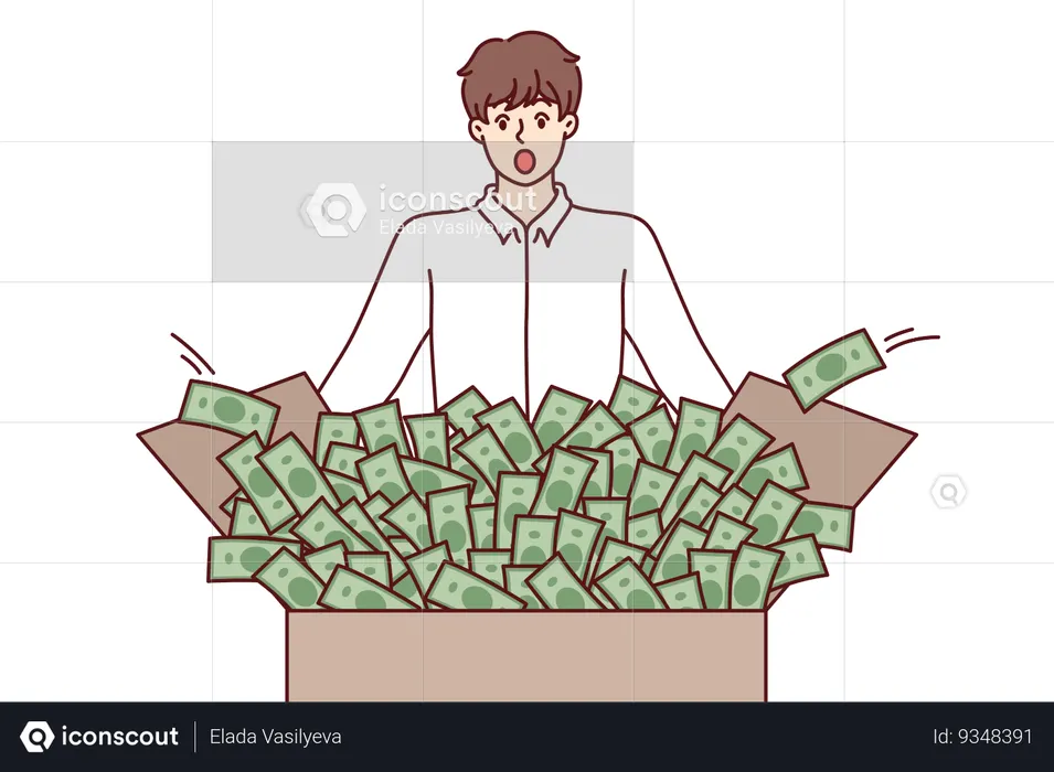 Shocked man looks at box full of money surprised to get big profit from investing in stock market  Illustration