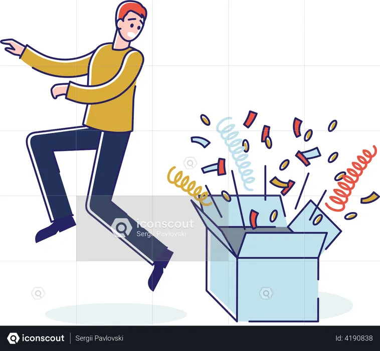 Shocked man running away from box with fireworks  Illustration