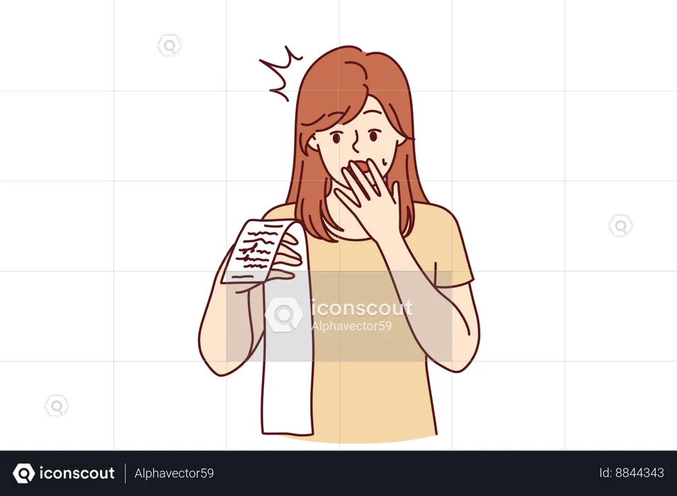 Shocked woman holds large purchase bill  Illustration