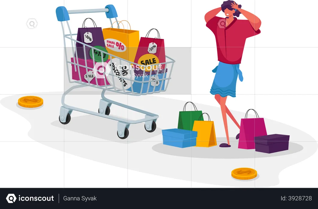 Shocked Woman Shopaholic with Many Shopping Bags  Illustration