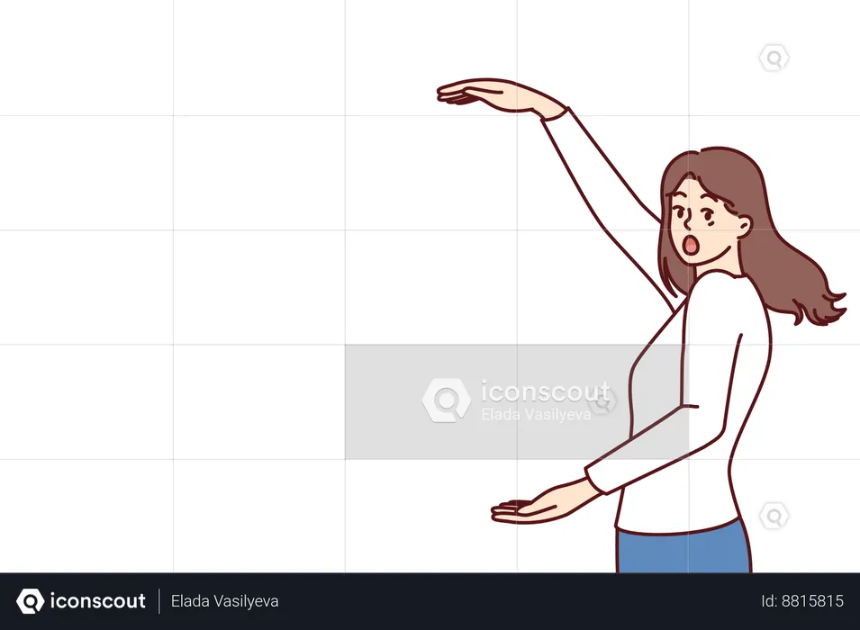 Shocked woman spreading arms wide demonstrating huge shopping discounts  Illustration