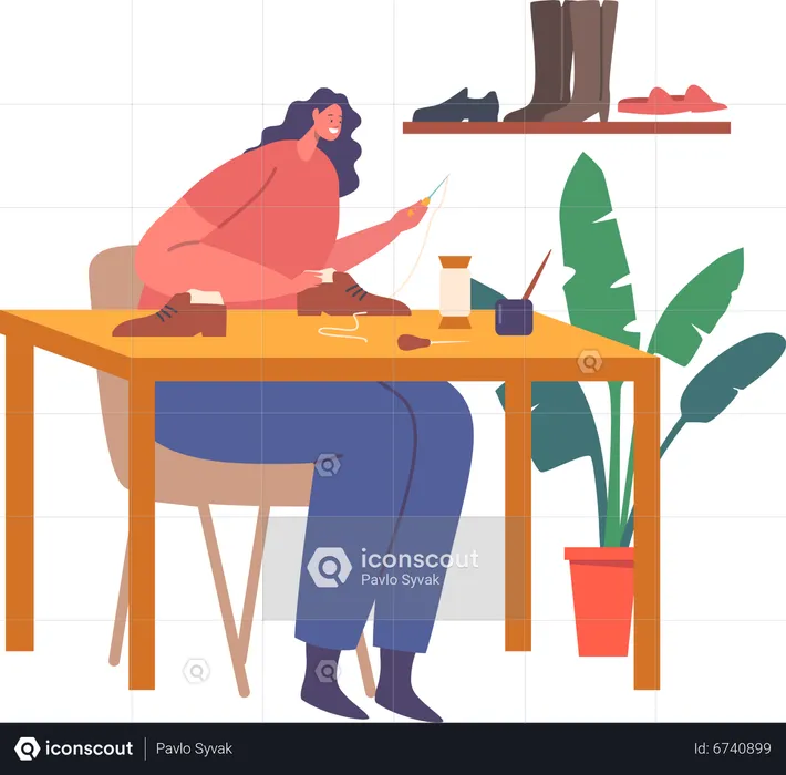 Shoemaker Woman Sitting at Workplace Create Handmade footwear  Illustration