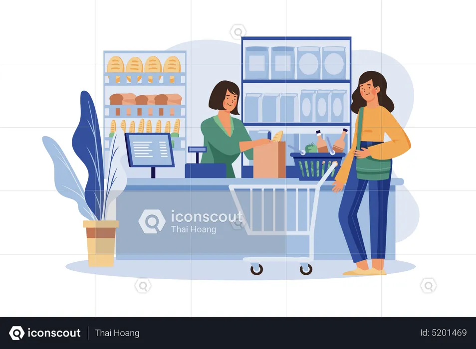 Shop Assistant Handling Shopping Bag to Female Customer in Grocery Store  Illustration