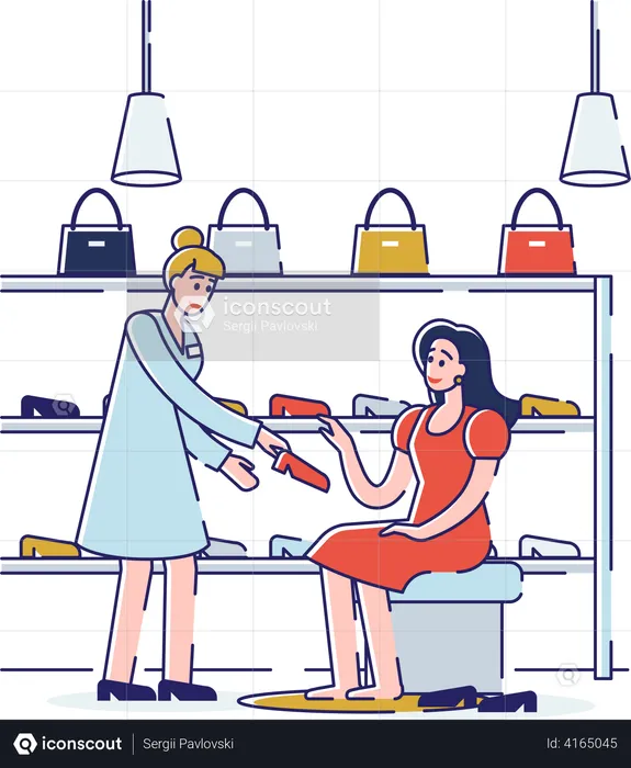Shop Assistant Helps To Choose And Try on Shoes To Woman in Footgear Store  Illustration