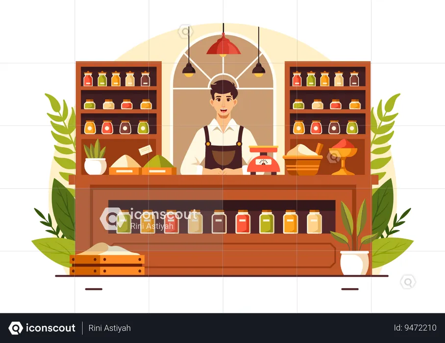 Shop owner at spice store  Illustration