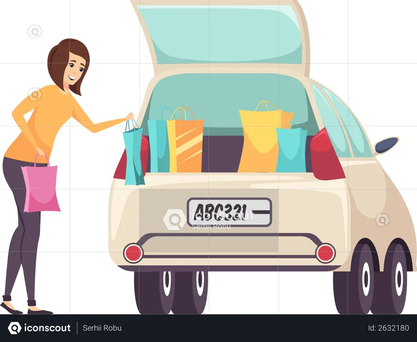 Shopaholic Woman putting Bags in Car  Illustration