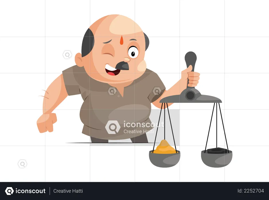 Shopkeeper is holding scales in hand  Illustration