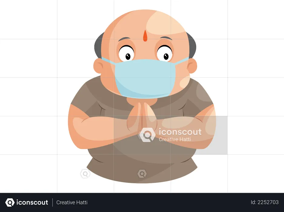 Shopkeeper is standing with greet hand and wearing surgical mask  Illustration