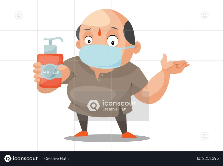 Shopkeeper is wearing surgical mask and holding sanitizer in hand  Illustration