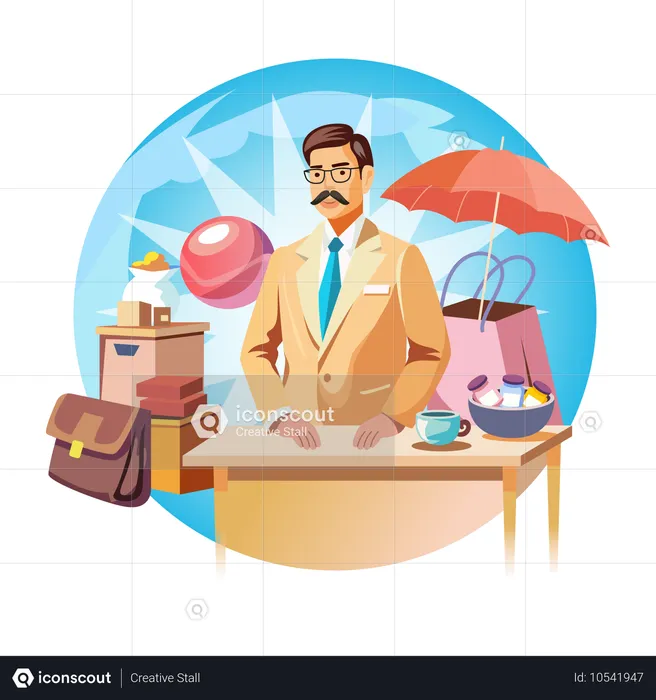 Shopkeeper standing on a table  Illustration