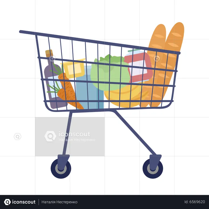 Shopping cart with food from supermarket  Illustration