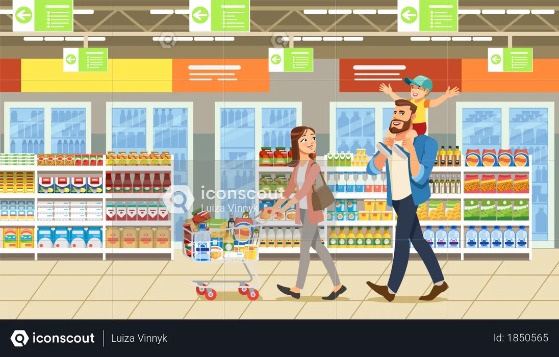 Shopping en famille dans un supermarché avec panier de produits  Illustration