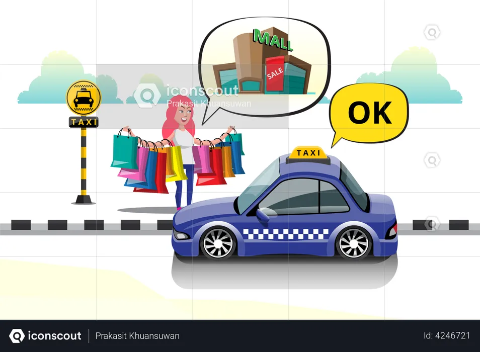 Shopping girl tells taxi to shopping mall destination at taxi stand in city  Illustration