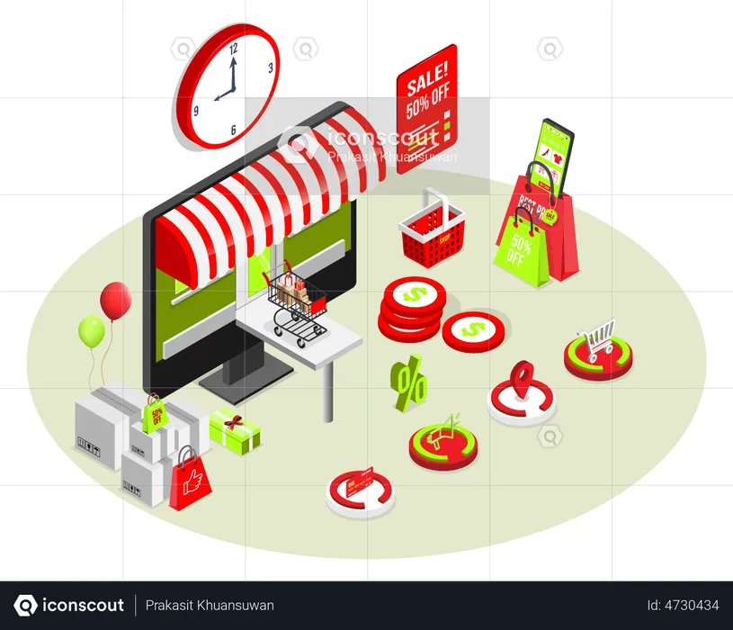 Shopping online process  Illustration