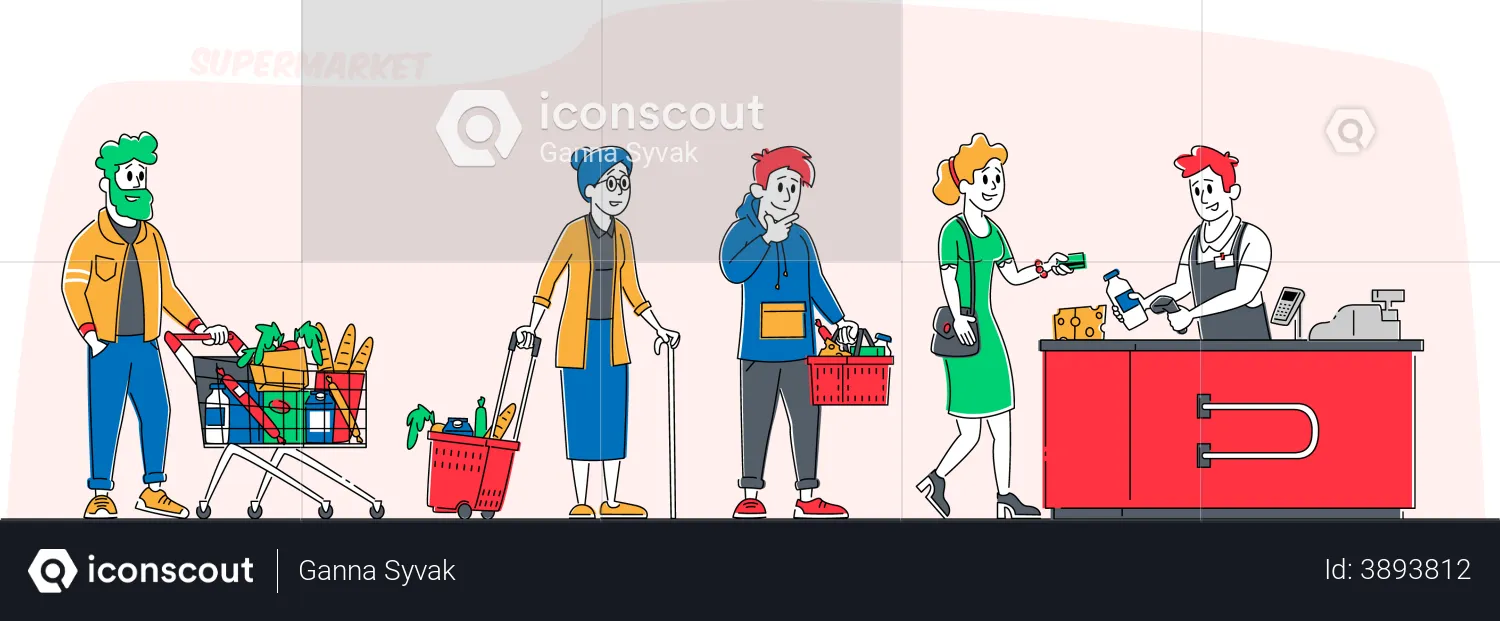 Shopping Queue in Grocery market  Illustration