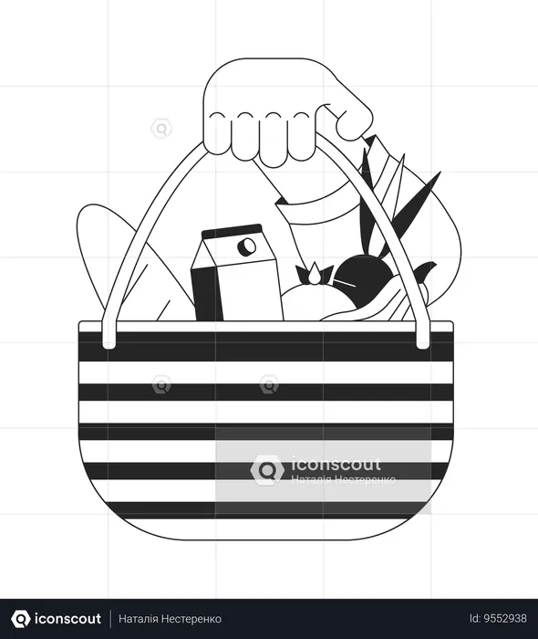 Showing basket full of products cartoon human hand  Illustration
