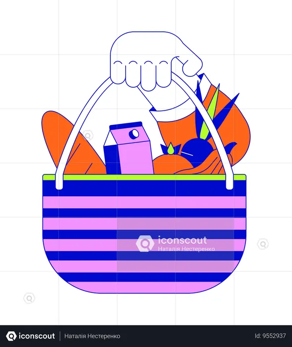 Showing basket full of products cartoon human hand  Illustration