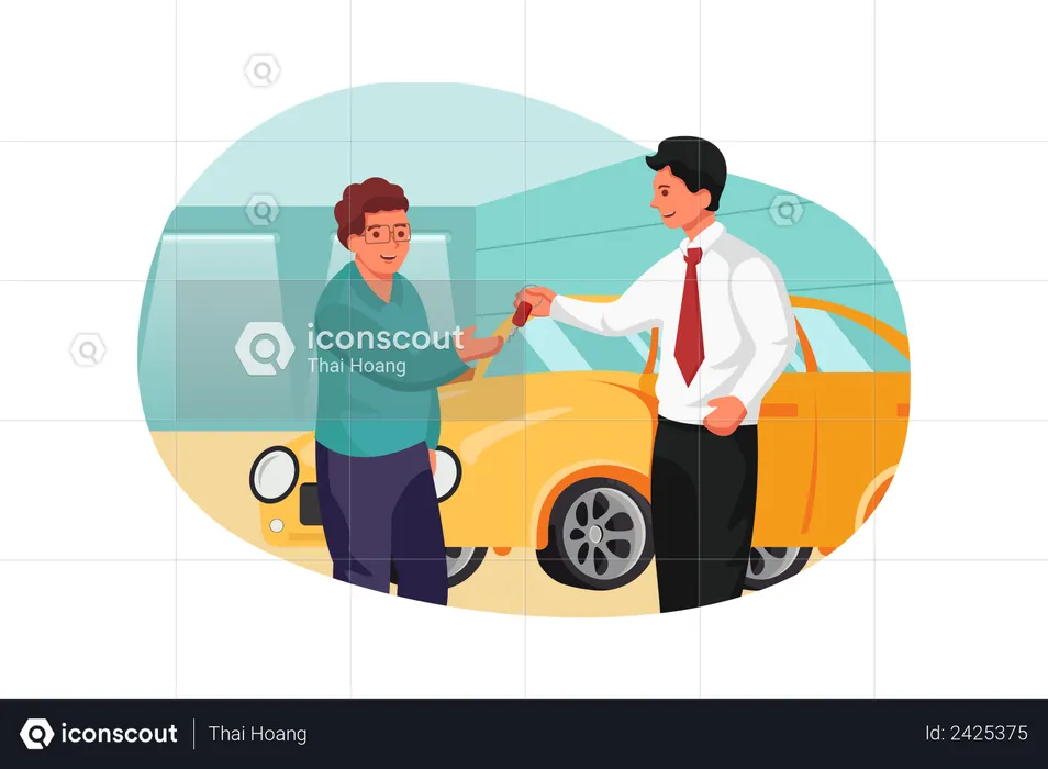 Showroom manager giving new car key to buyer  Illustration