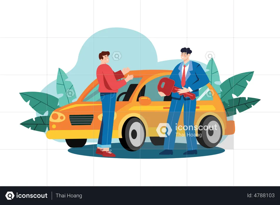 Showroom manager giving new car key to the buyer  Illustration