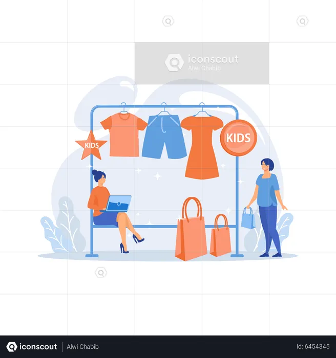 Showroom with kids clothes on hangers  Illustration