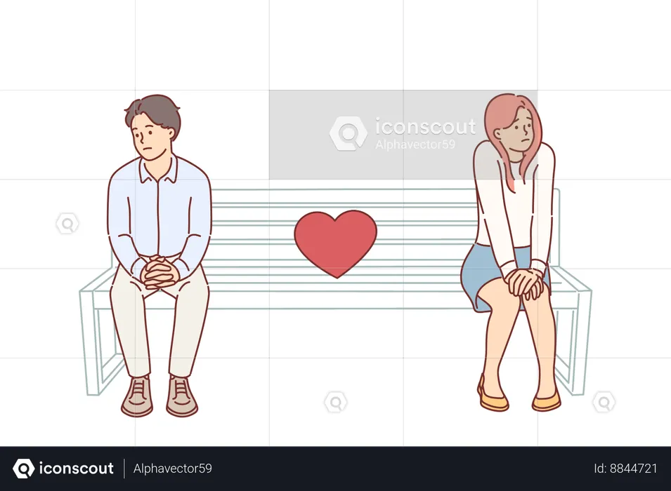 Shy couple on first date sitting on park bench and feeling awkward due to lack of common interests  Illustration