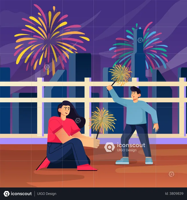 Siblings lighting firecrackers and celebrating new year  Illustration
