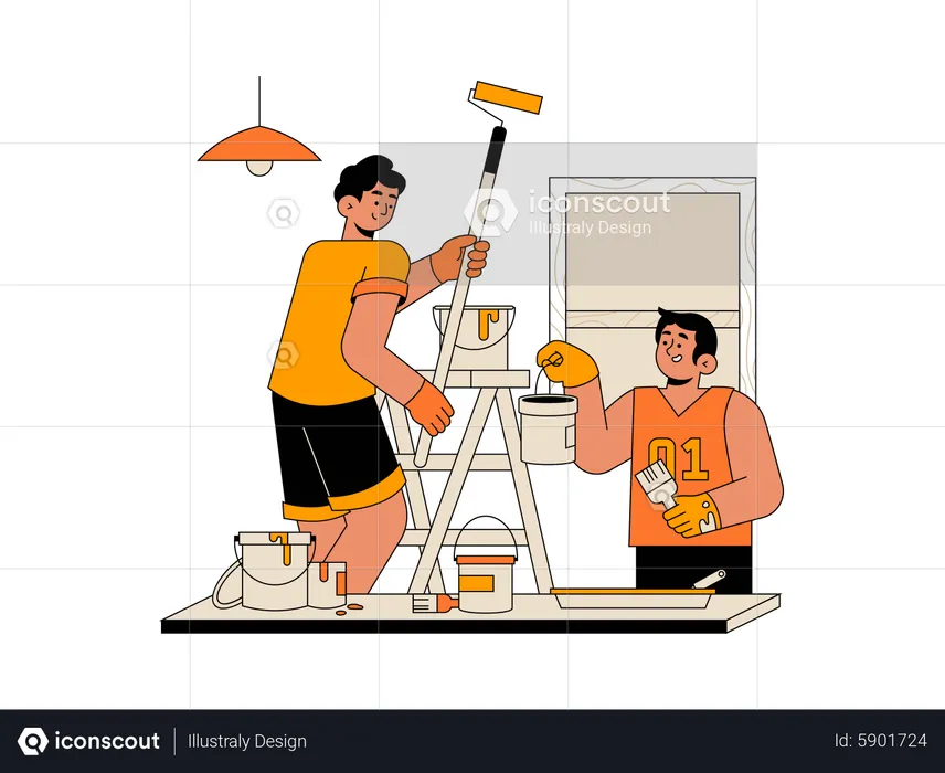 Siblings painting home wall together  Illustration